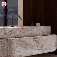 Pembe Breccia Kuvarsit Yüzer Çift Lavabolu Banyo Dolabı Kavisli Masif Taş Duvara Monte Lavabo Dolabı Wabi Sabi Lüks Master