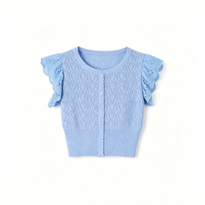 Suéter de punto con encaje para mujer de Dalang Sweater Factory, top corto ajustado de manga corta con aberturas, cárdigan transpirable a la moda - Product Image 2