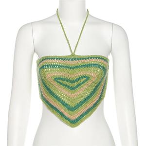 Sexy Backless Handmade Halter Pink Halter Green Heart Y2K Women Love Crochet <strong>Top</strong> - Product Image 4