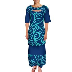 Popolare Completo Due Pezzi Polinesiano da Donna, Gonna Lunga Maxi con Stampa Tribale Plumeria Viola, Outfit Puletasi delle Isole del Pacifico Samoane - Product Image 4