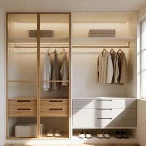 Armoire ouverte moderne BALOM 2026 |   MDF blanc + verre dépoli |   Armoire de chambre à coucher personnalisée avec rangement à chaussures et éclairage LED - Product Image 6