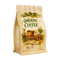 Sachet de café en feuille à fond plat brun, pochette debout avec fermeture éclair et valve, ensemble de thé et de café personnalisé, emballage refermable avec fermeture éclair