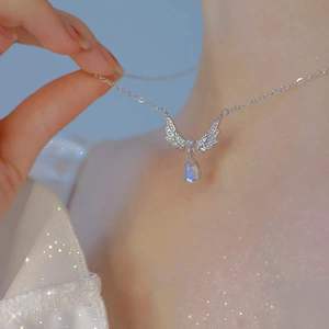 Collier en argent sterling 925 avec ailes d'ange, pendentif en cristal artificiel et pierre de lune, chaîne de clavicule pour femmes - Product Image 5