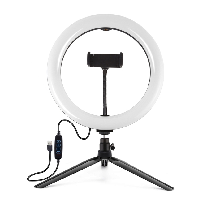 PULUZ 10.2 Inch 26cm Selfie Beauty Light Desktop Tripod Mount USB 3 Modes Dimmable LED Ring Selfie Photography Tripod Phone