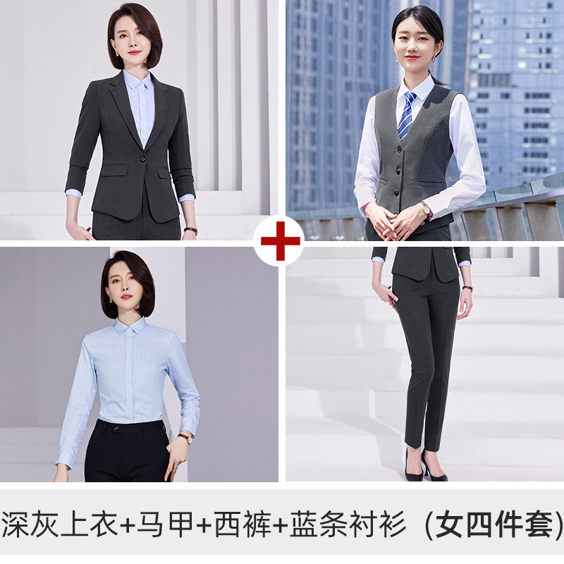 Women's dark gray suit vest shirt and trousers