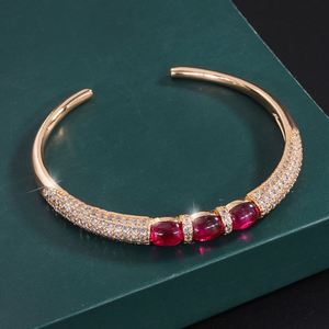 Fashion Jewelry Eco-friendly <b>Copper</b> Statement 6*8mm Red Corundum Zircon Gold Plated Cuff <b>Bangle</b> Women for Daily Wear - Product Image 3