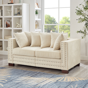 Modern Convertible <b>Living</b> <b>Room</b> <b>Sofa</b> Set with Square Armrest Silver Nails Decoration Upholstered Velvet Loveseat in Apricot - Product Image 2