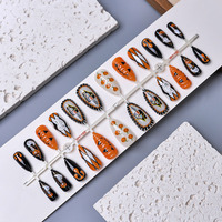 Faux ongles personnalisés pour Halloween, forme amande longue, motif citrouille noir et orange, faits à la main, réutilisables