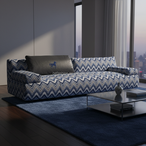 Sofá de Tela Moderno de Lujo con Patrón en Zig Zag, Azul Chevron, para Sala de Estar, Proyecto de Penthouse o Villa - Product Image 1