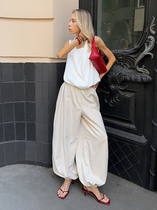 Pantalon large décontracté en pur coton, taille mi-haute, respirant et confortable, style mode, best-seller en Europe et en Amérique - Product Image 2