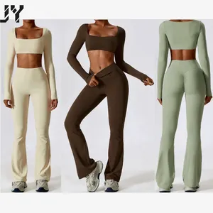 Joyyoung U-Neck Sexy Active Wear Workout Long Sleeves Top Bell Bottoms Leggings Fitness Yoga Top Leggings Sets For Women