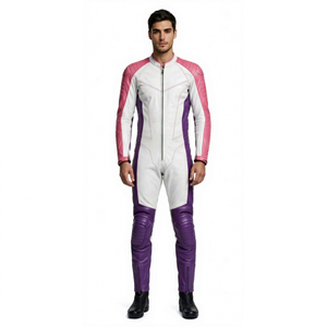 <b>Men's</b> Full Sleeve White Pink <b>Purple</b> Color Blocked PU Motorcycle Racing <b>Suit</b> Windproof All Seasons Wear - Product Image 1