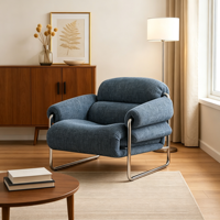 Fauteuil moderne en tissu avec structure en métal chromé et coussins moelleux pour salon, mobilier de maison, sièges de détente