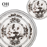 Assiette de table en porcelaine fine à motif floral encre noire, vaisselle en relief pour mariage et événements, décoration de table, assiette de présentation