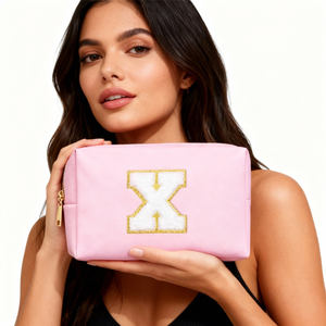 Waterproof PU Cross Grain <b>Makeup</b> <b>Bag</b> With 26 Chenille Letters Portable Octagon Toiletry Pouch For <b>Travel</b> - Product Image 1