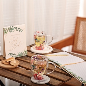Tasse en verre à double paroi créative pour femmes avec poignée, nouveau design, fleurs séchées, mug à café Shelly, tasses à thé et soucoupes - Product Image 6