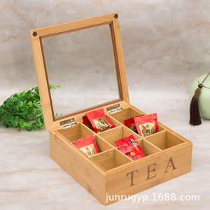 Caja de Té de Bambú con 9 Compartimentos y Tapa de Vidrio para Almacenamiento de Té y Empaque de Regalos - Product Image 1