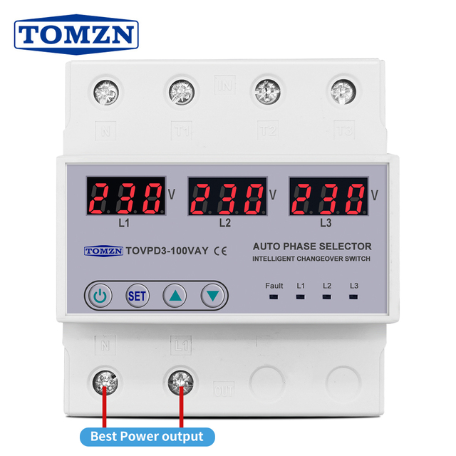 100A 3 Phase 3P+N Din Rail Phase Selector Voltmeter with Adjustable Over and Under Voltage protection Monitor Relays Protector