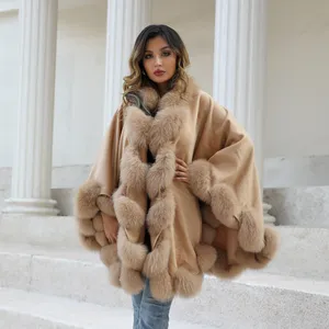 Custom Luxury Wool Cashmere Shawls Cape Elegant Windproof Warm Fox Fur Ponchos For Women