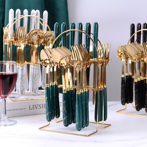 24PCS tương tự như gốm màu sắc phong cách dao nĩa và muỗng nhựa xử lý Bộ đồ ăn Hộp Quà Tặng thiết lập tái sử dụng thép không gỉ kim loại - Product Image 1