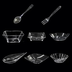 Ensemble complet de mini-assiettes transparentes en plastique et de coupelles à mousse en fibre de bois jetables pour apéritifs de fête - Product Image 4
