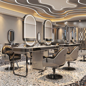 Miroir de Salon Moderne en Acier sur Pied, Table Coiffure Simple Face Effet Marbre, Poste de Travail pour Studio de Beauté - Product Image 5