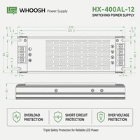 Alimentation LED sans ventilateur WHOOSH Slim 400W 12V 33.3A IP20 pour intérieur, CA 220V, pour enseignes lumineuses ultra-minces