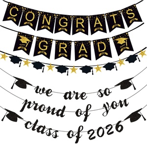 Guirnalda de Decoración <span class=keywords><strong>para</strong></span> Fiesta de Graduación 2026, Banner de Felicitación <span class=keywords><strong>para</strong></span> Graduados de la Clase 2026, Impresión en Negro/Dorado, Incluye Birrete de Graduación y Estrella - Product Image 1
