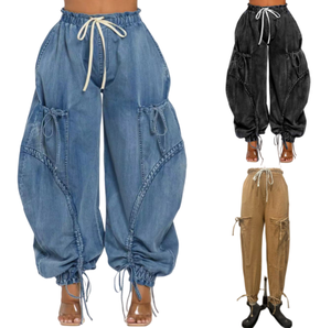 Viviblook Z1213PT Women's Y2K Streetwear <b>Elastic</b> Waistband Drawstring Tie Loose Fit Straight Leg Cargo <b>Jeans</b> Casual Denim Pants - Product Image 1
