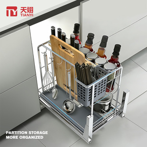 Étagère à épices coulissante en acier inoxydable pour <span class=keywords><strong>armoire</strong></span> de cuisine, panier à assaisonnements multifonctionnel en fil plat avec <span class=keywords><strong>support</strong></span> pour couteau et planche à découper - Product Image 3