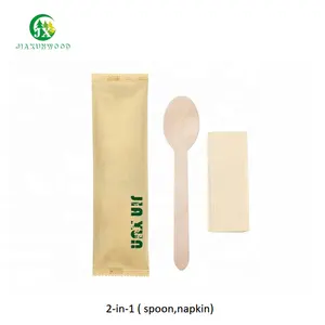 2-in-1 Content Spoon Napkin Customize Restaurant Wood Disposable Wooden Cutlery Set