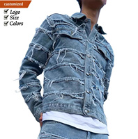Blousons en jean délavé à motif laineux personnalisé, style streetwear, avec ourlet effiloché, manteaux décontractés Y2K, effet vieilli, à franges, pour hommes
