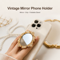 Support de téléphone portable de luxe vintage avec mini-miroir, support adhésif pliable en forme d'anneau pour smartphone et tablette