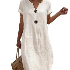 Robe en lin blanche à col en V pour femme, décontractée, couleur unie, pour la plage et les vacances, à manches courtes, coupe ample, pour le quotidien, style estival, taille naturelle - Product Image 5
