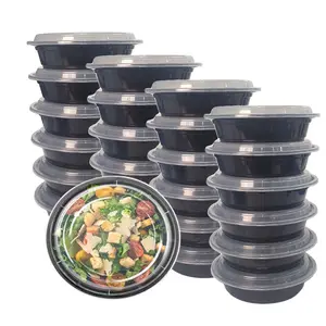 37 Ounce Black Round Reusable Stackable Meal Prep Bowls, Disposable Plastic Microwavable Food Container with lid