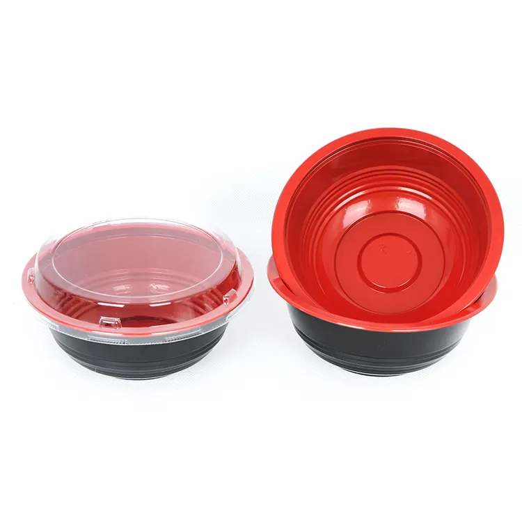 Disposable Plastic Red Black Donburi Bowl With Lid 280ml 350ml 420ml 550ml 700ml 1000ml 1400ml