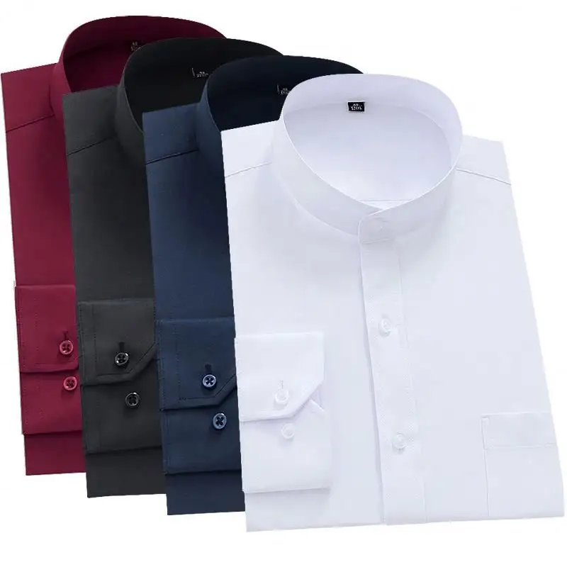 Vente en gros de chemise à manches longues col mandarin 40% coton pour homme, chemise décontractée simple de couleur unie, nouvelle mode d'affaires