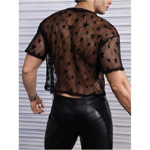 เสื้อยืดตาข่ายโปร่งใสทรงสตาร์สำหรับผู้ชาย FOXA คอกลม แขนสั้น ระบายอากาศได้ดี เหมาะสำหรับงานปาร์ตี้ - Product Image 2