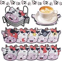 Kit Coaster Seni Berlian DIY Grosir Pabrik, Coaster Minuman Sapi Kartun Lucu dengan Dudukan Logam untuk Kerajinan