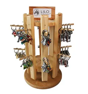 Quality Assured Counter Hook Key Chain Display Stand, 4-Way Rotating Display Solid Wood Keyrring Display Stand
