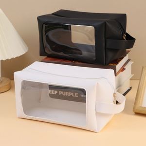 CustomPu Leather Fashion <b>Makeup</b> Bag Transparent Window Zipper Water Resistant Large Capacity Portable Cosmetic Organizer <b>Case</b> - Product Image 2