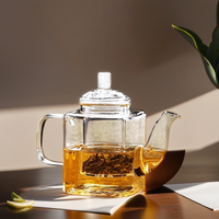 Théière en verre borosilicate transparent épais de 350 ml, résistante à la chaleur, à fond carré, avec infuseur à thé et couvercle en verre soufflé à la main