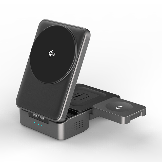 2025 New Year Desktop 3-in-1 Portable Foldable Magnetic Qi2 Wireless Charger Station 10W Output Power for Earphones 5V/1A