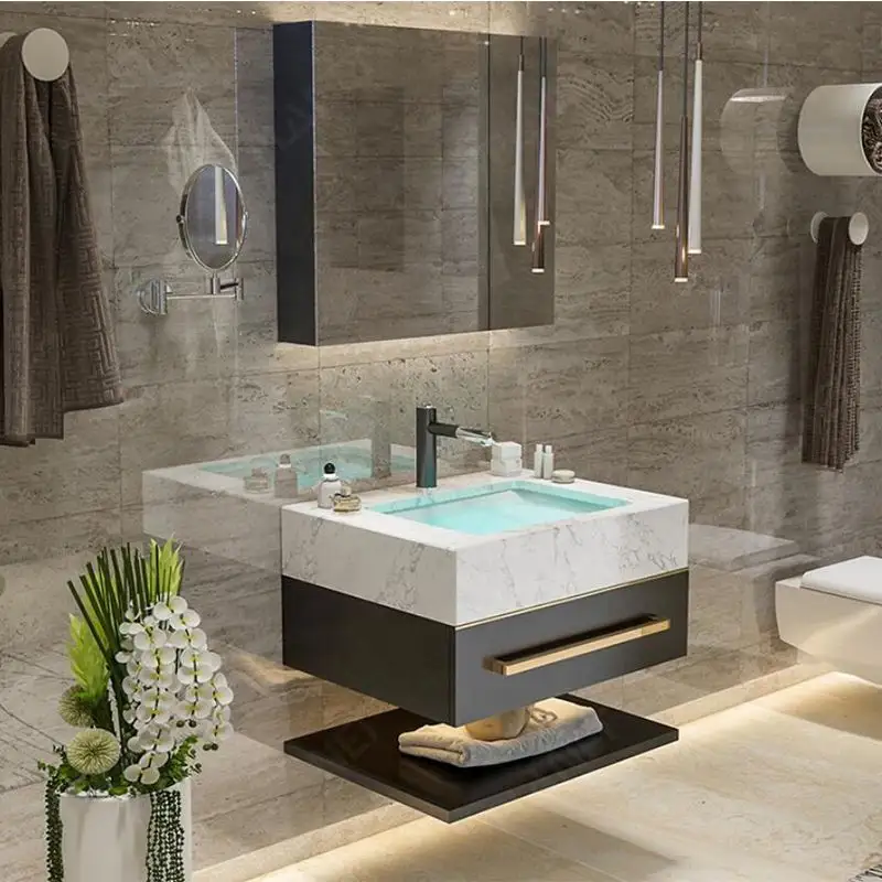 Mueble de baño de pared europeo moderno, mueble de tocador de madera con doble lavabo