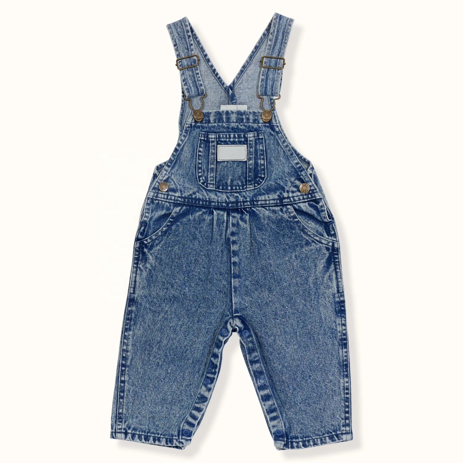 Rahat tarzı tam boy düz bacak bebek tulumları Dungarees Unisex çocuklar için Denim tulum