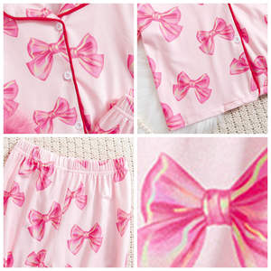 Turn-Down Collar manga pantalones largos conjunto de plumas cómodo transpirable Bowknot estampado otoño pijamas para niñas - Product Image 2
