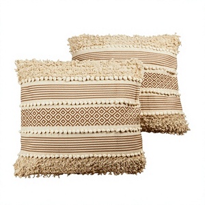 Bohemian Geometric Woven Throw Pillow Cover Square Linen Cotton Decorative <b>Cushion</b> with Fringe and Pom <b>Trim</b> Washable Home Decor - Product Image 1