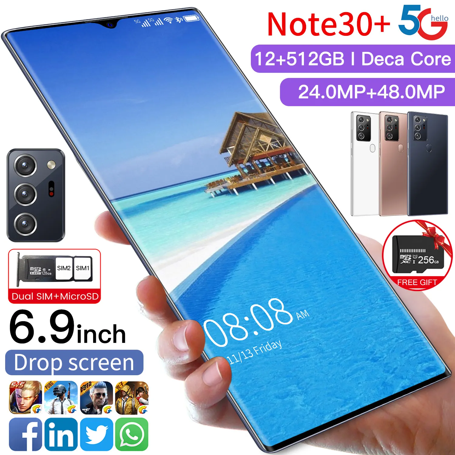 Téléphone Portable Note 30 de Grande Capacité, Écran de 6,9 Pouces, Smartphone Android 10.0, MTK6799, 12 Go de RAM, 512 Go de ROM, 5G, Batterie de 5600mAh, 3840x2160, 2021