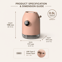 Diffuseur d'huiles essentielles ultrasonique silencieux avec lumière ambiante, écran LED intelligent, 500 ml, double buse de brumisation, USB Type C