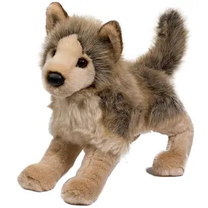 E820 Vivid Lifelike Furry Wolf Plush Stuffed Animal Brown Long Fur Wolf Dog Scary Plush Toys